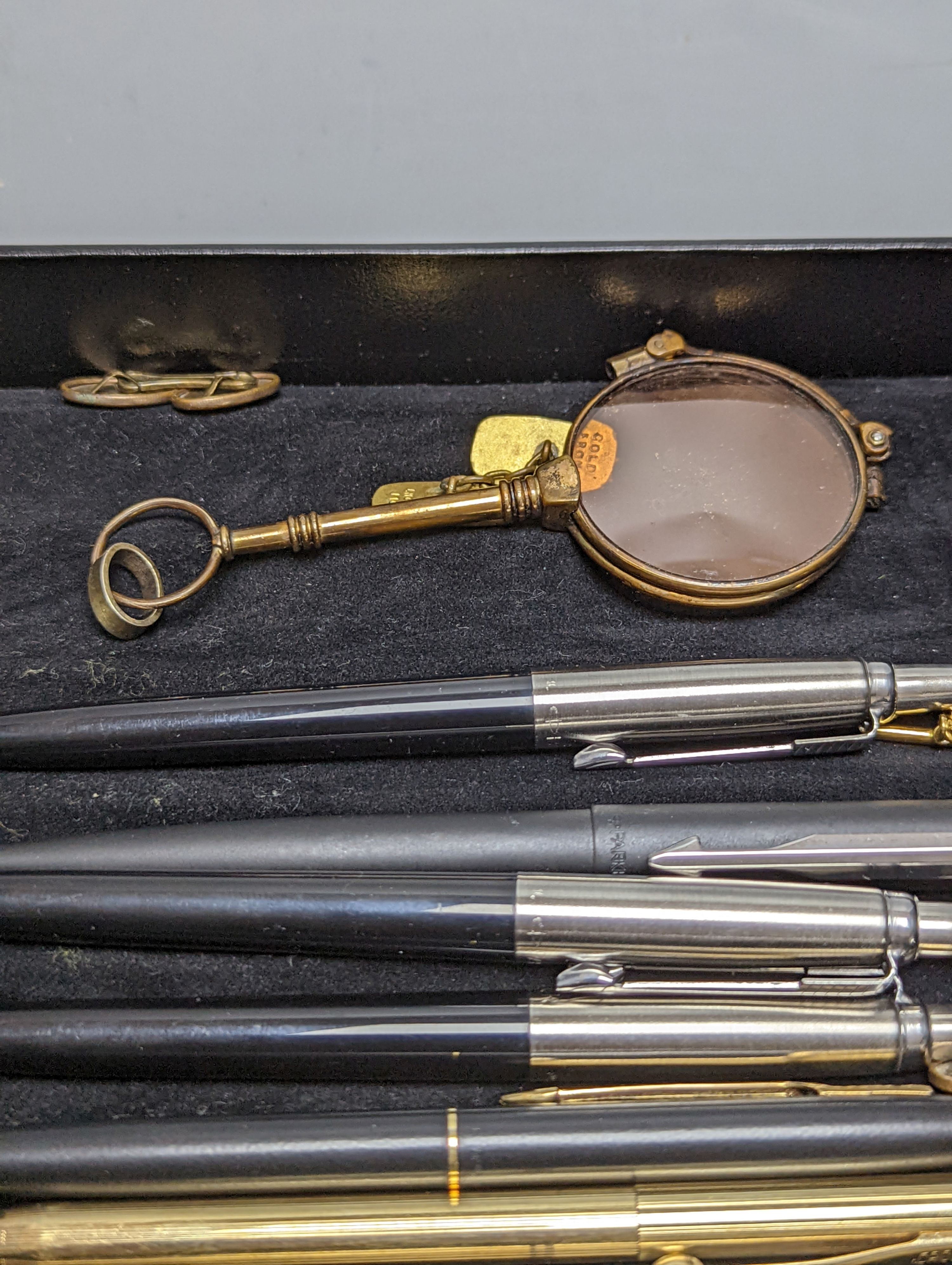 Eight various Parker ballpoint pens, lorgnette, etc.